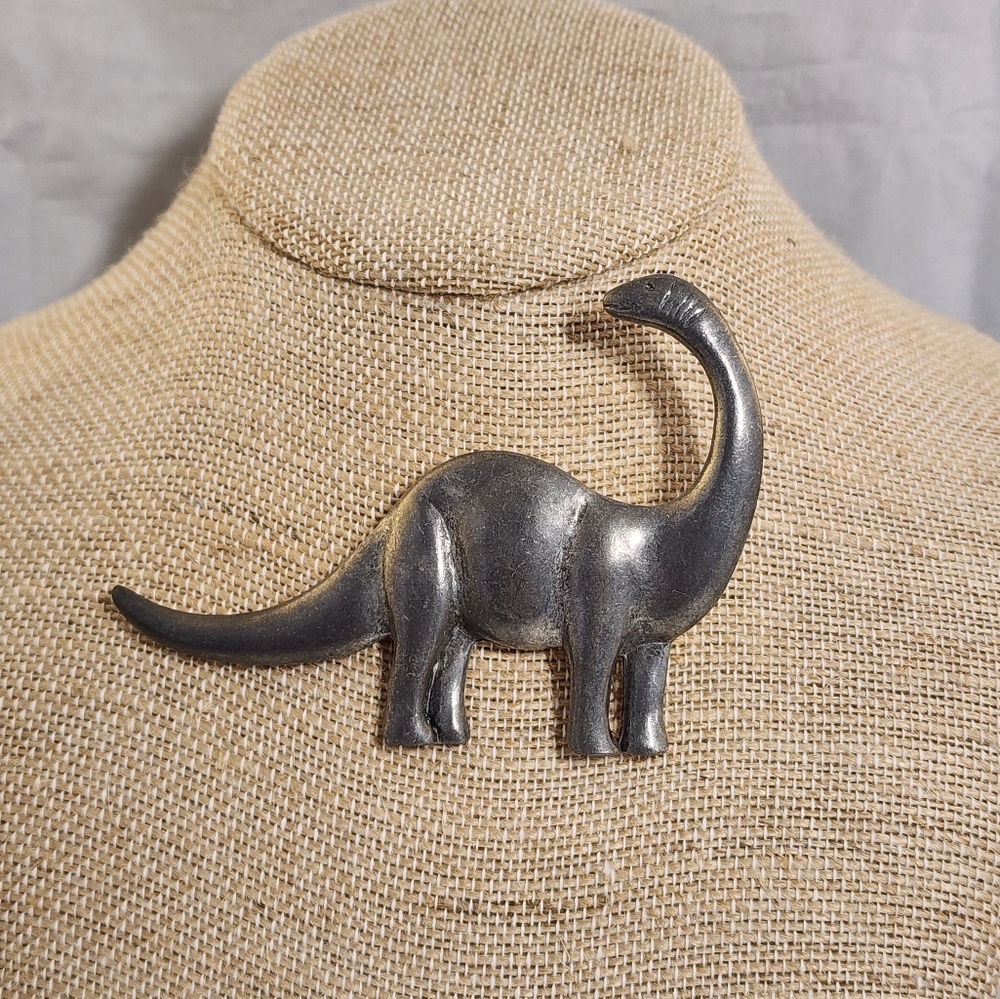 Vtg Pewter Brontosaurus Dinosaur Brooch Pin